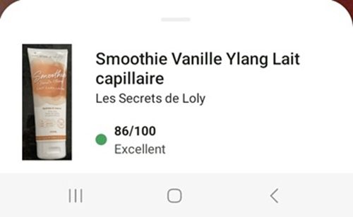 capture écran yuka lait capillaire smoothie les secrets de loly