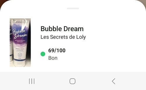 capture écran yuka shampoing bubble dream les secrets de loly