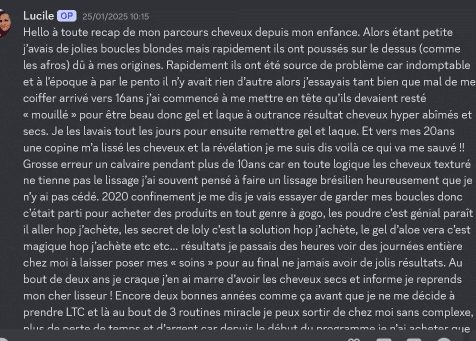 témoignage cliente sur comment avoir de beaux cheveux bouclés